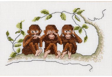  1031 Three Wise Monkeys Linen. Набор для вышивки крестом Thea Gouverneur