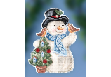вишивка гладдю JS202012 Сніговик з пернатими друзями. Набір для вишивки в змішаній техниці Mill Hill