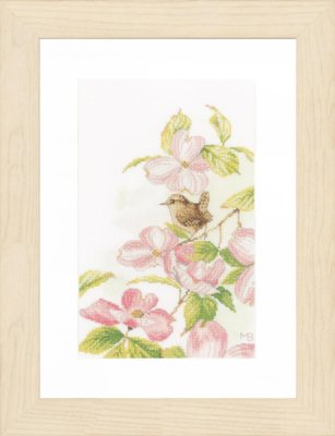 PN-0149990 Розовые цветы с маленькой птичкой. Набор для вышивки крестом Lanarte - 1