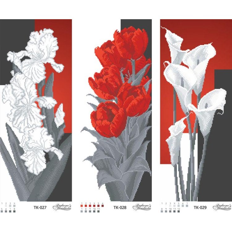 ТК-037 Триптих червоно-сірі іриси, тюльпани, кали. Схема для вишивки бісером (габардин) ТМ Барвиста Вишиванка - 1