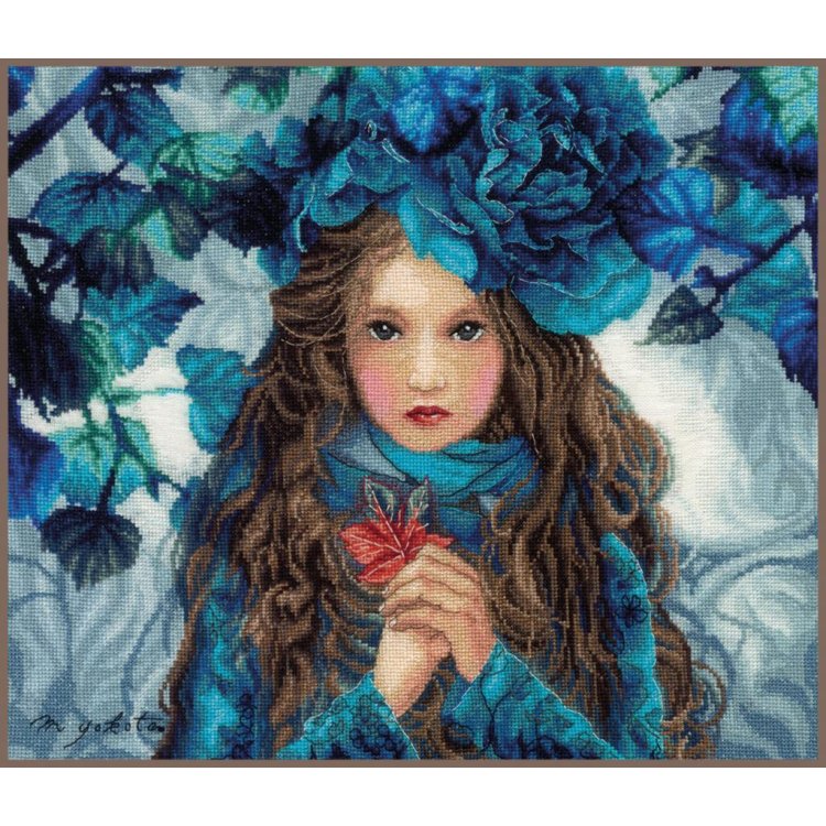 PN-0188640 Дівчина в синіх квітах. Набір для вишивки хрестиком Lanarte - 1