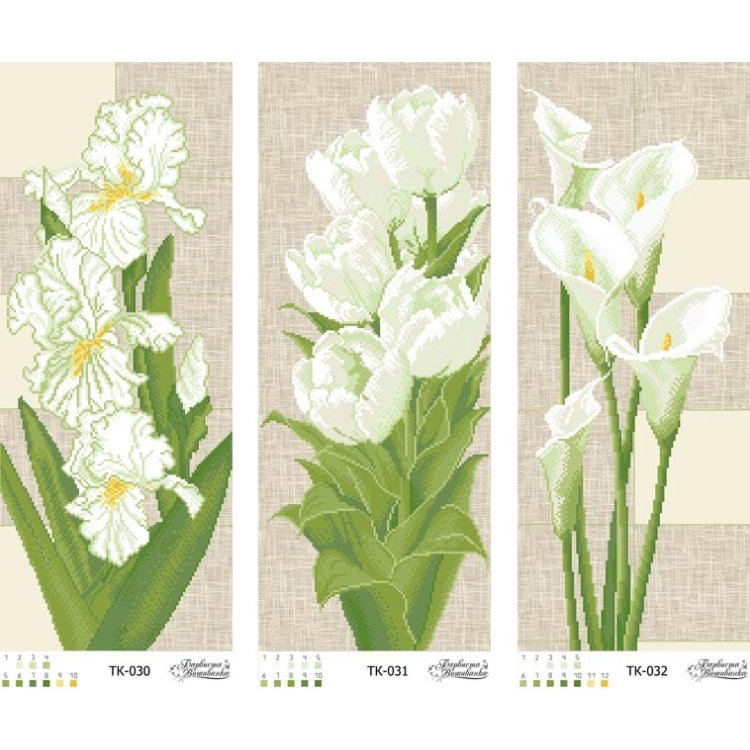 ТК-036 Триптих сіро-зелені іриси, тюльпани, кали. Схема для вишивки бісером (атлас) ТМ Барвиста Вишиванка - 1