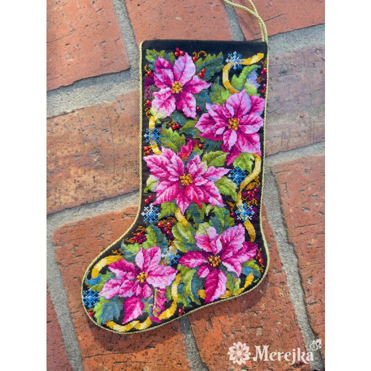 K-262 Розовый рождественский чулок из пуансеттии. Набор для вышивки крестом Мережка - 2