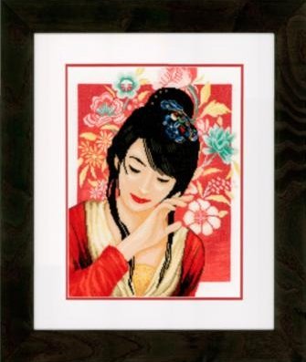 PN-0149999 Азіатська дівчина в квітах. Набір для вишивки хрестиком Lanarte - 1