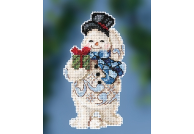 вишивка гладдю JS202011 Сніговик з подарунком. Набір для вишивки в змішаній техниці Mill Hill