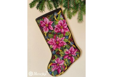  K-262 Різдвяна панчоха рожева пуансетія. Набір для вишивки хрестом Мережка