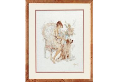 наборы для вышивки крестом PN-0007951 Девушка в кресле с собакой. Набор для вышивки крестом Lanarte