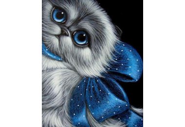 алмазна вишивка dm-341 Кошеня з синім бантом. Набір для виготовлення картини стразами
