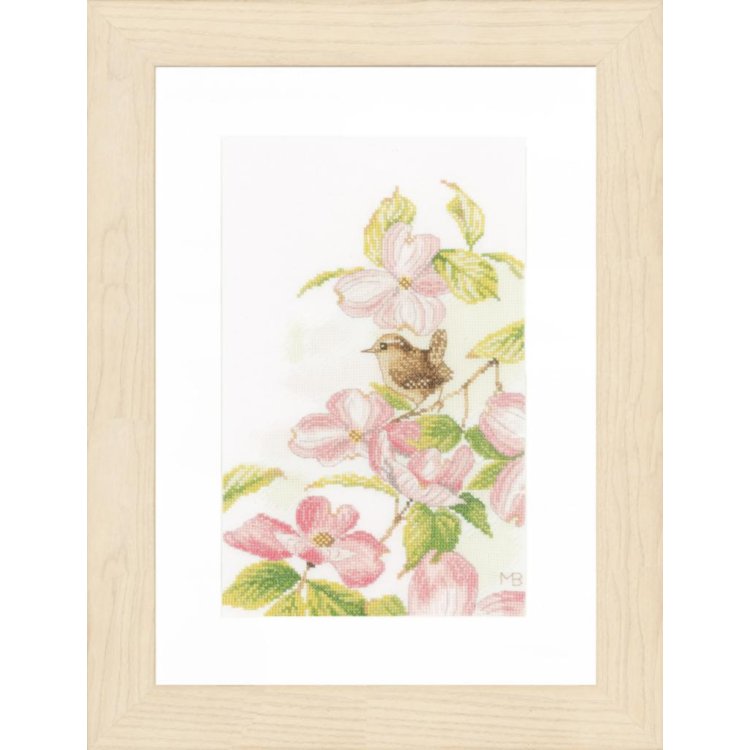 PN-0149990 Розовые цветы с маленькой птичкой. Набор для вышивки крестом Lanarte - 1